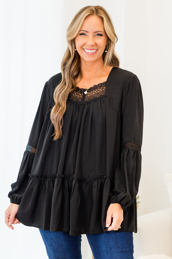 Chic Soul plus size clothing, black long sleeve top with eyelet detail along neckline and sleeves with cuff bubble sleeves with ruffle detail