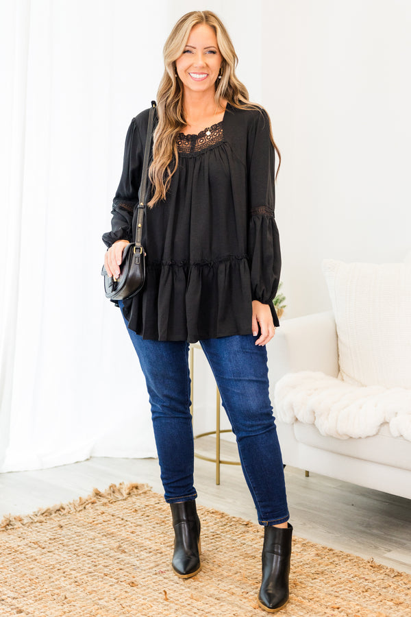 Chic Soul plus size clothing, black long sleeve top with eyelet detail along neckline and sleeves with cuff bubble sleeves with ruffle detail