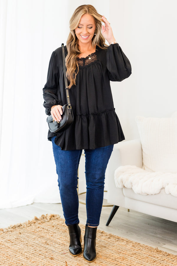 Chic Soul plus size clothing, black long sleeve top with eyelet detail along neckline and sleeves with cuff bubble sleeves with ruffle detail