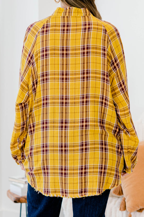 Chic Soul plus size clothing, mustard and brown plaid button up long sleeve flannel style top