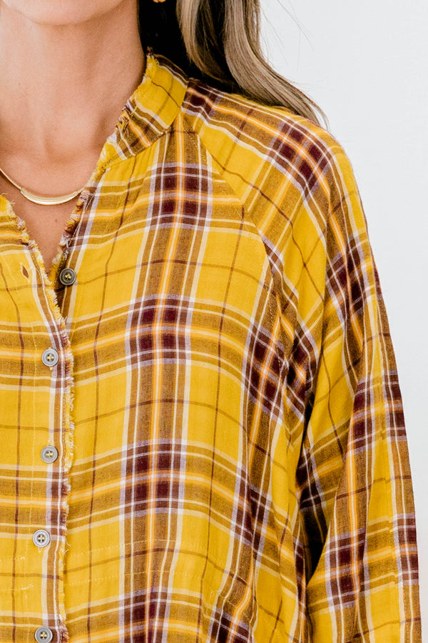 Chic Soul plus size clothing, mustard and brown plaid button up long sleeve flannel style top