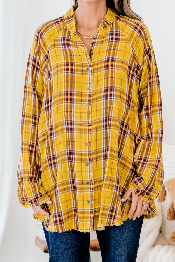 Chic Soul plus size clothing, mustard and brown plaid button up long sleeve flannel style top
