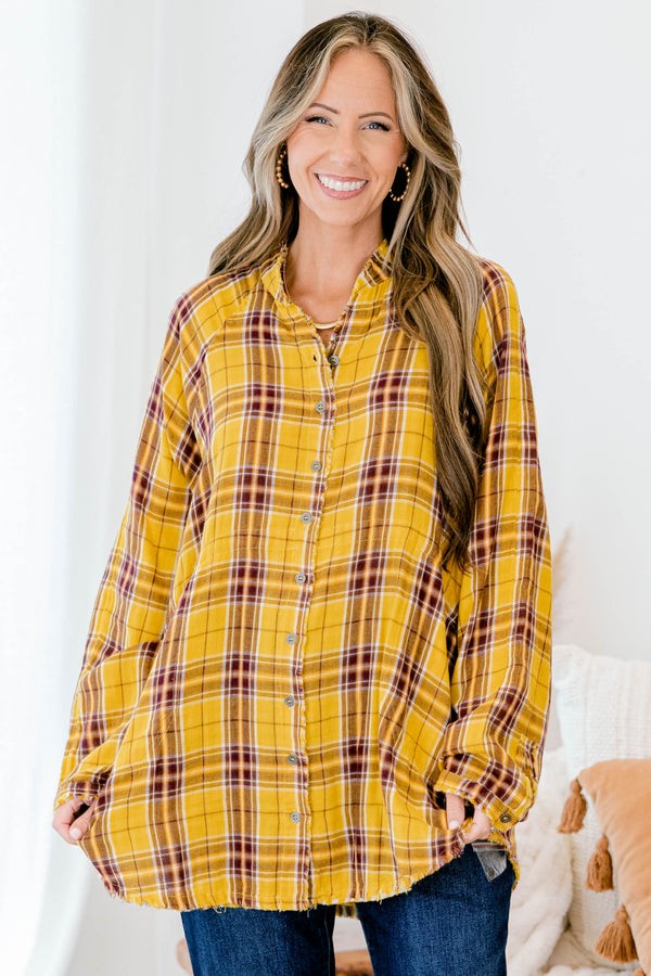 Chic Soul plus size clothing, mustard and brown plaid button up long sleeve flannel style top