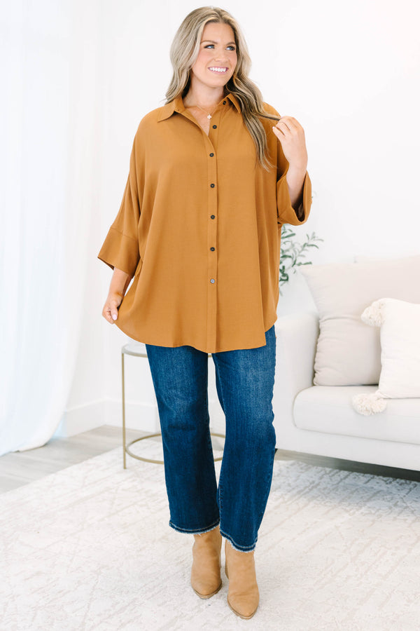 Chic Soul plus size clothing, brown three quarter length sleeve button up top with collar detail and cuff sleeves