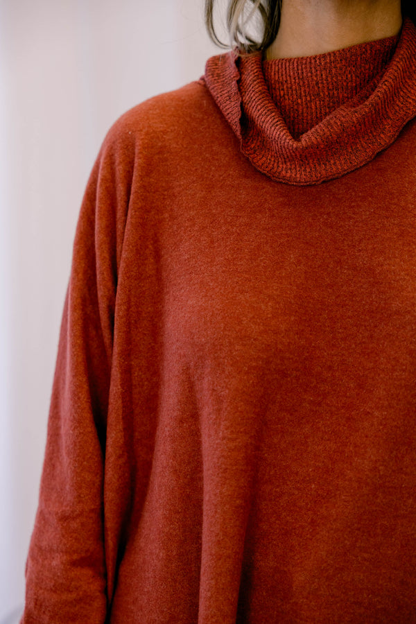 Chic Soul plus size clothing, rust red long sleeve turtle neck sweater top