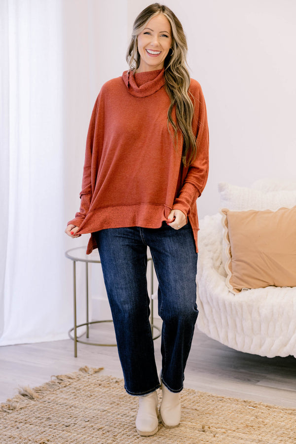 Chic Soul plus size clothing, rust red long sleeve turtle neck sweater top