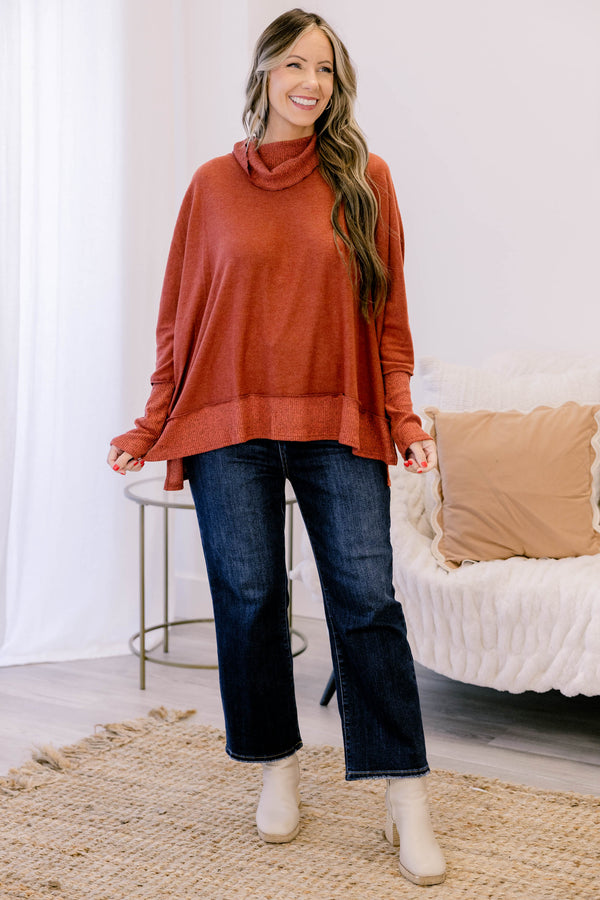 Chic Soul plus size clothing, rust red long sleeve turtle neck sweater top