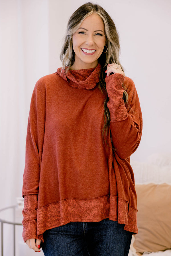 Chic Soul plus size clothing, rust red long sleeve turtle neck sweater top