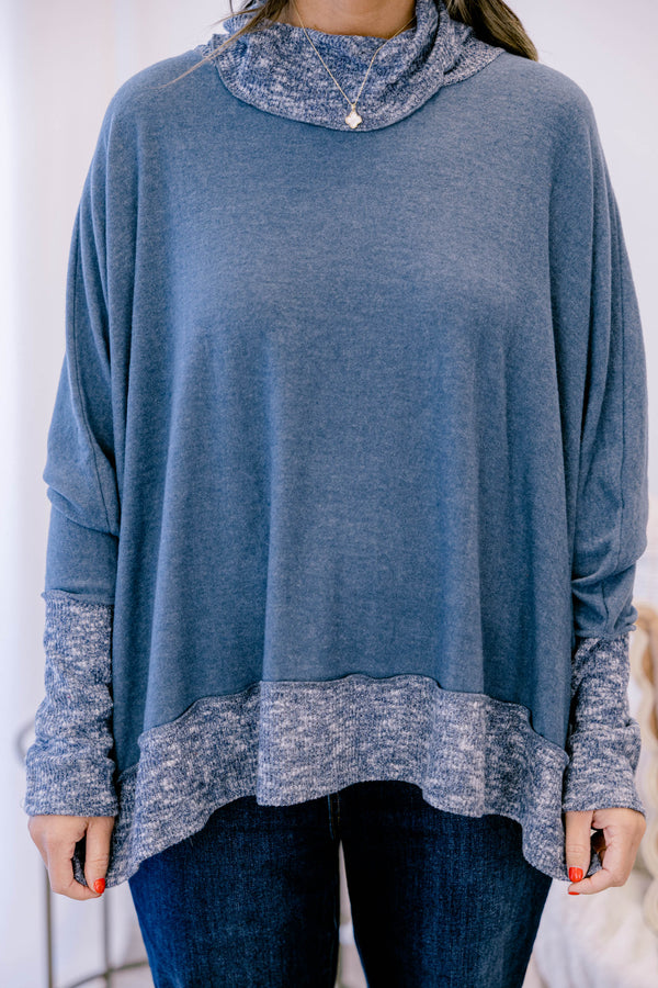 Chic Soul plus size clothing, navy long sleeve turtle neck top