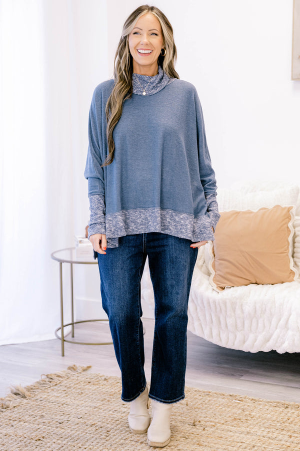 Chic Soul plus size clothing, navy long sleeve turtle neck top