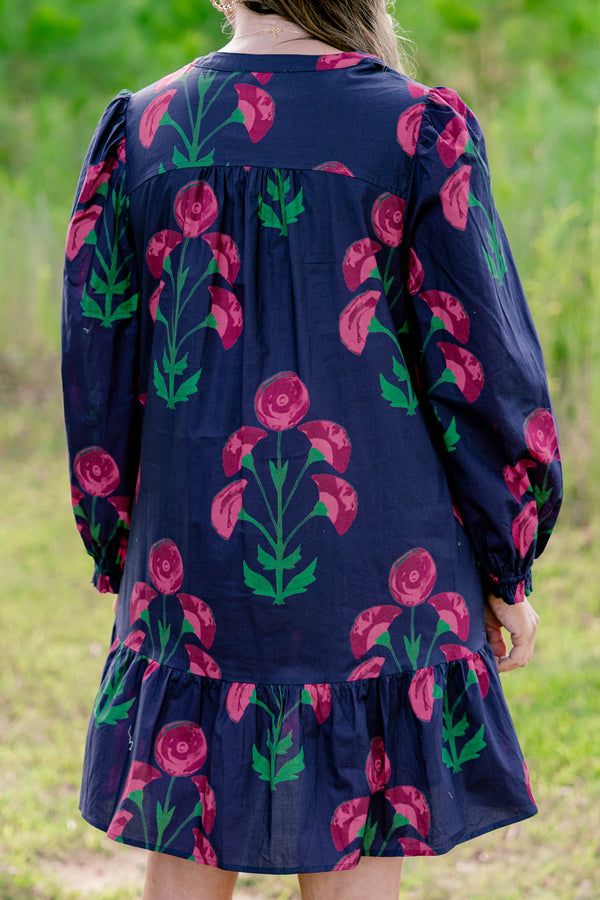 Chic Soul plus size clothing, navy long sleeve tiered short dress with magenta flowers on it