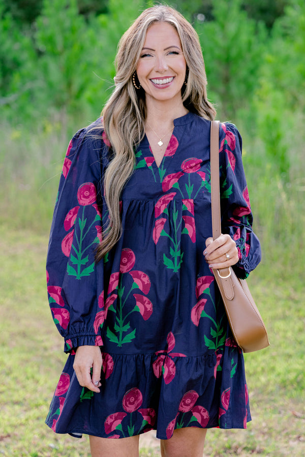 Chic Soul plus size clothing, navy long sleeve tiered short dress with magenta flowers on it