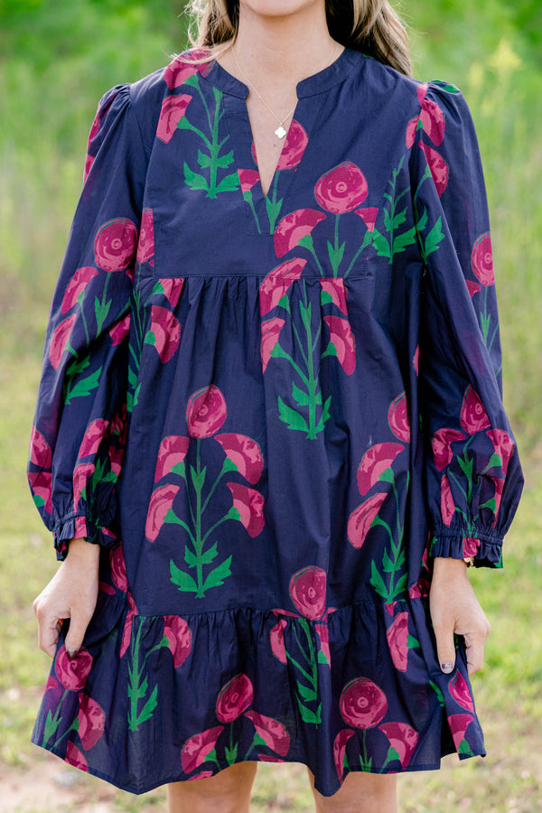 Chic Soul plus size clothing, navy long sleeve tiered short dress with magenta flowers on it