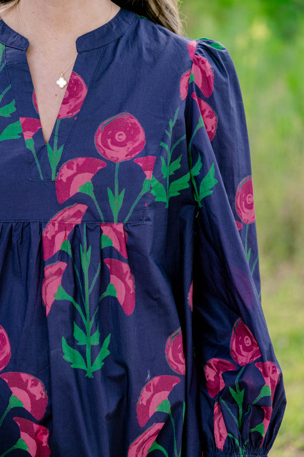Chic Soul plus size clothing, navy long sleeve tiered short dress with magenta flowers on it