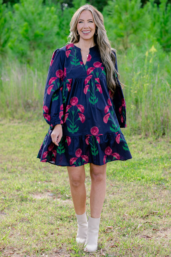 Chic Soul plus size clothing, navy long sleeve tiered short dress with magenta flowers on it