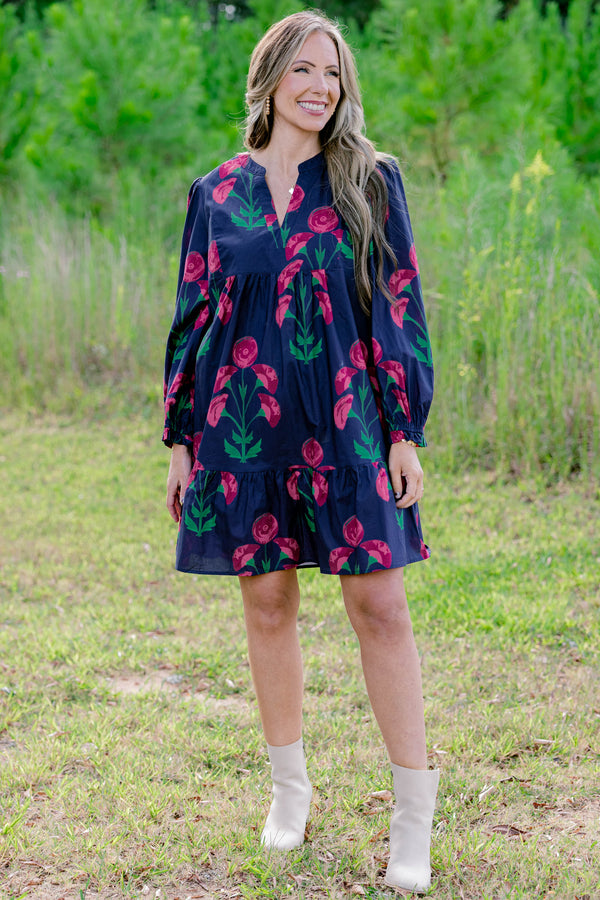 Chic Soul plus size clothing, navy long sleeve tiered short dress with magenta flowers on it