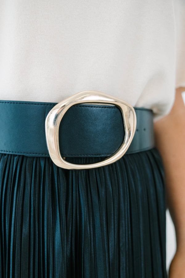 Plus Size black wide faux leather belt with a gold O-shaped buckle 