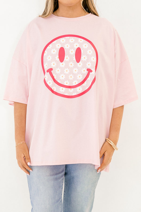 Chic Soul plus size clothing, dusty pink boyfriend tee with daisy pattern smiley face graphic
