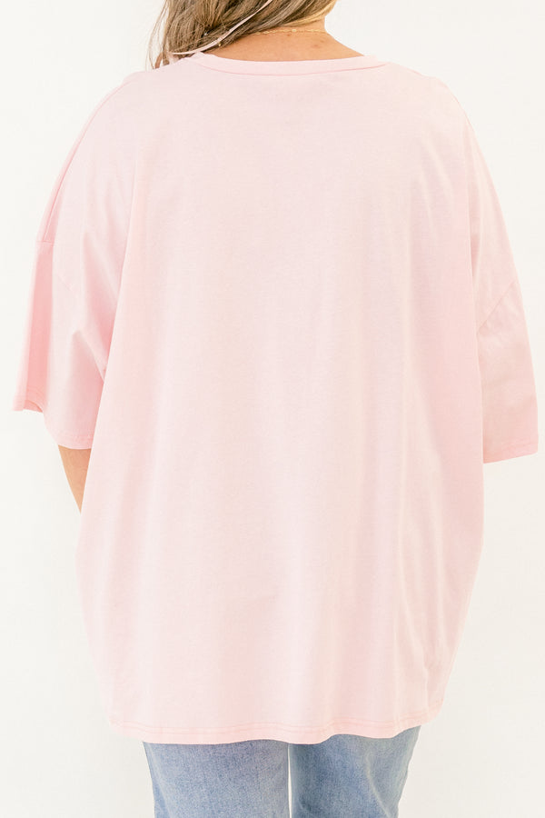 Chic Soul plus size clothing, dusty pink boyfriend tee with daisy pattern smiley face graphic