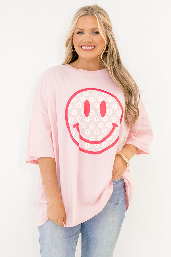 Chic Soul plus size clothing, dusty pink boyfriend tee with daisy pattern smiley face graphic