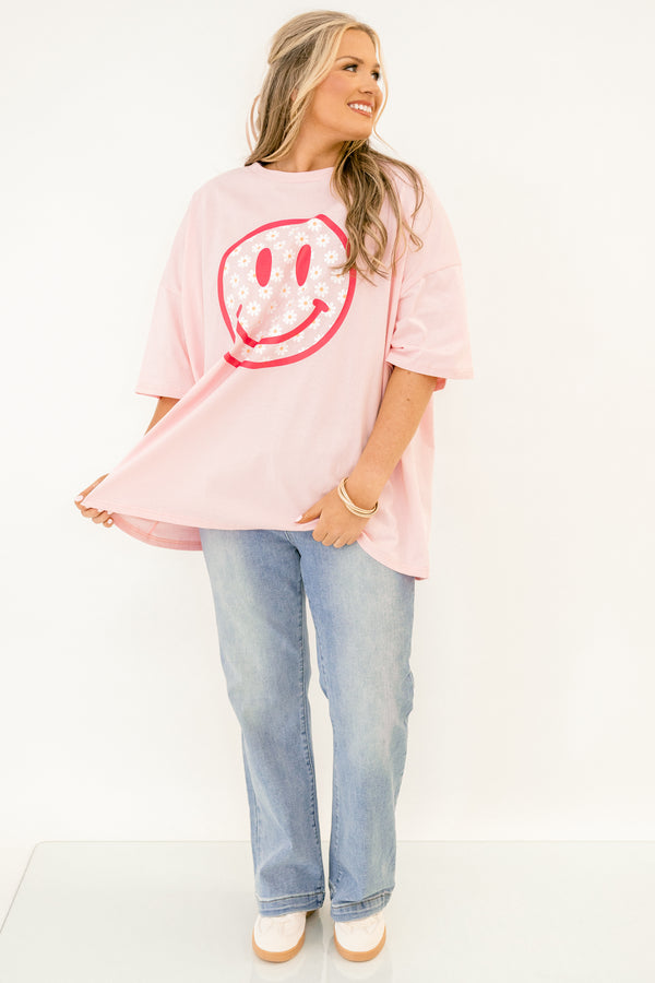 Chic Soul plus size clothing, dusty pink boyfriend tee with daisy pattern smiley face graphic