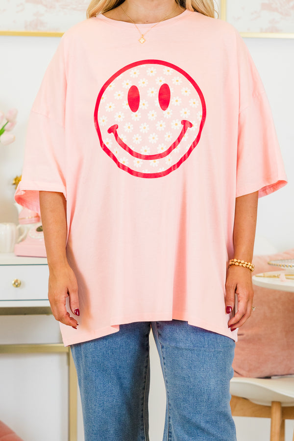 Chic Soul plus size clothing, dusty pink boyfriend tee with daisy pattern smiley face graphic