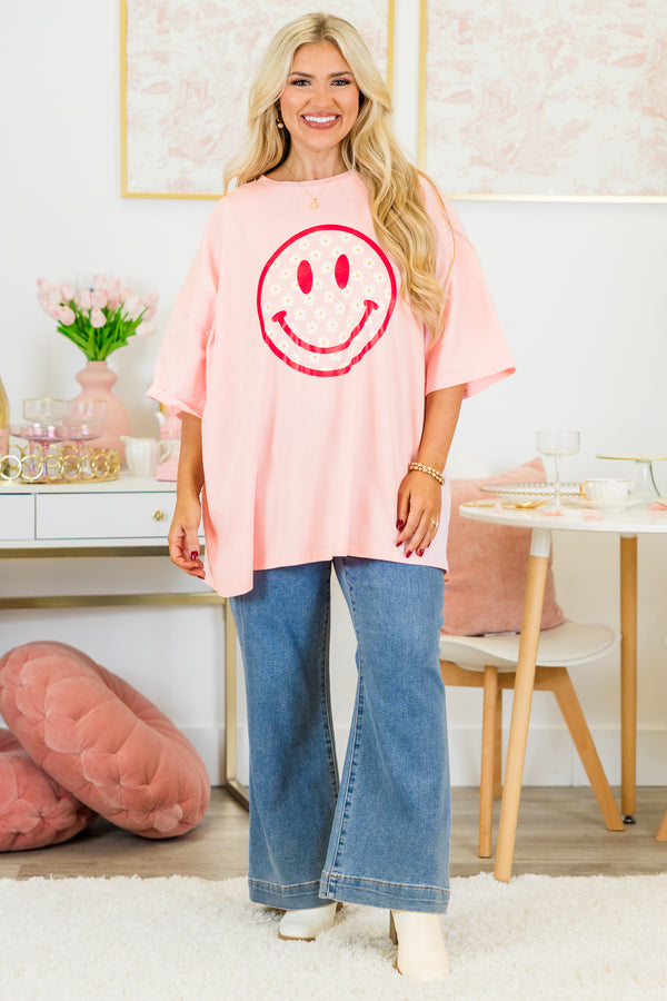Chic Soul plus size clothing, dusty pink boyfriend tee with daisy pattern smiley face graphic