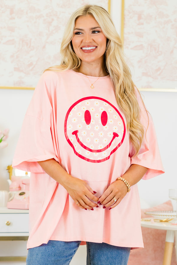Chic Soul plus size clothing, dusty pink boyfriend tee with daisy pattern smiley face graphic