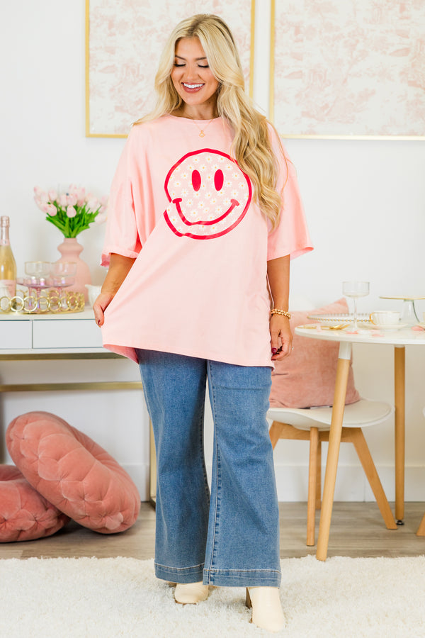 Chic Soul plus size clothing, dusty pink boyfriend tee with daisy pattern smiley face graphic