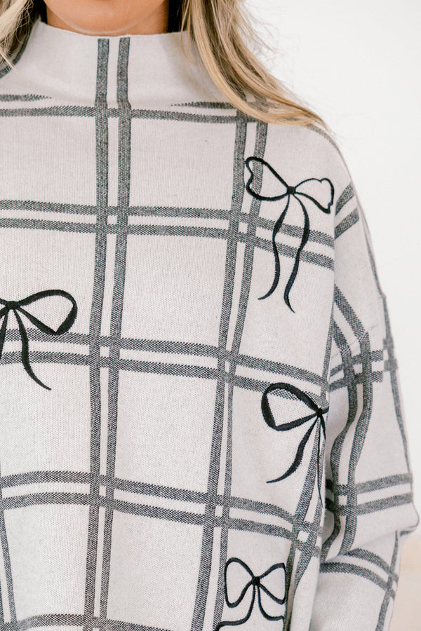 Chic Soul plus size clothing, white and grey grid pattern long sleeve sweater with mock neck and black bow print 