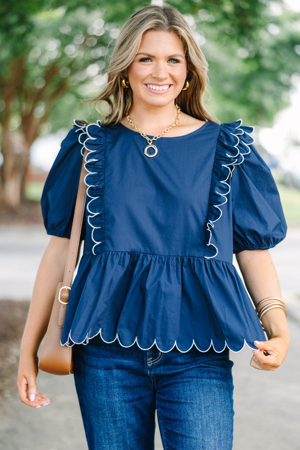 Plus size navy blue cotton Worth It Top with white scalloped ruffles and a flowy peplum silhouette.