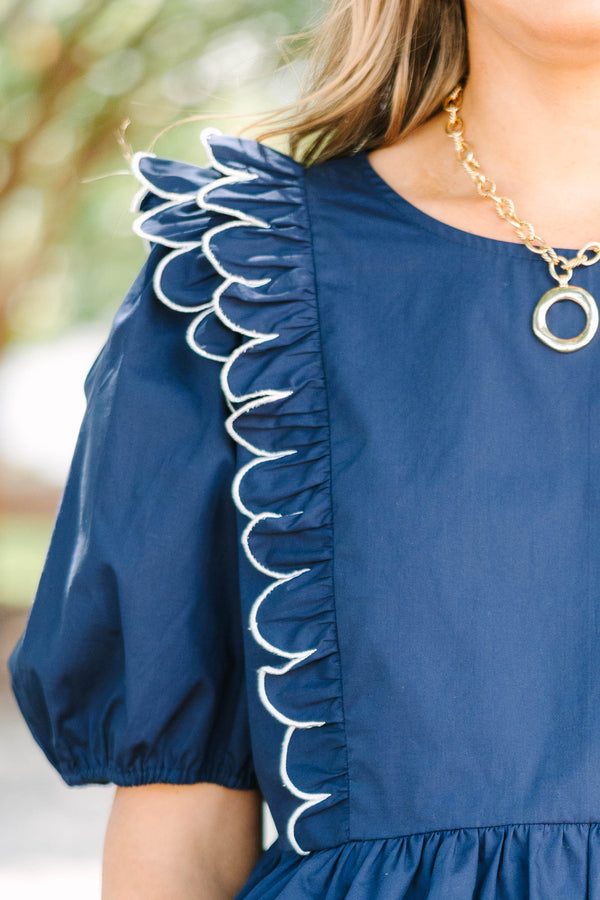 Plus size navy blue cotton Worth It Top with white scalloped ruffles and a flowy peplum silhouette.