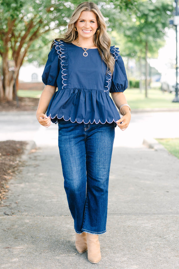 Plus size navy blue cotton Worth It Top with white scalloped ruffles and a flowy peplum silhouette.