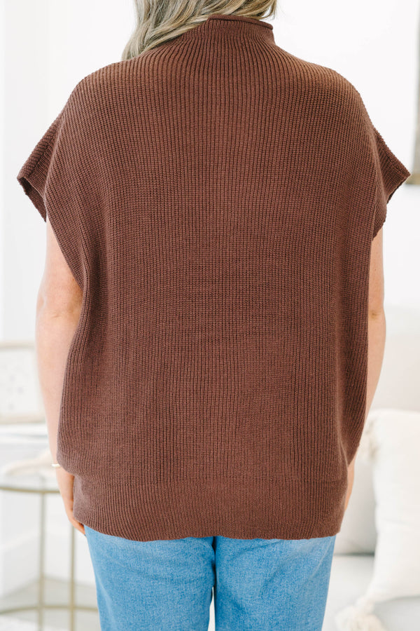 Plus Size brown knit sweater vest with a high mock neckline and oversized cap sleeves.