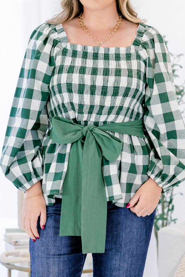 Chic Soul plus size clothing, green and white gingham long sleeve square next baby doll top with oversized green bow tied  in the front around waist