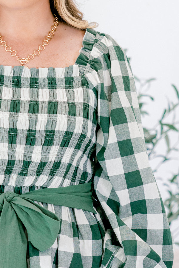 Chic Soul plus size clothing, green and white gingham long sleeve square next baby doll top with oversized green bow tied  in the front around waist