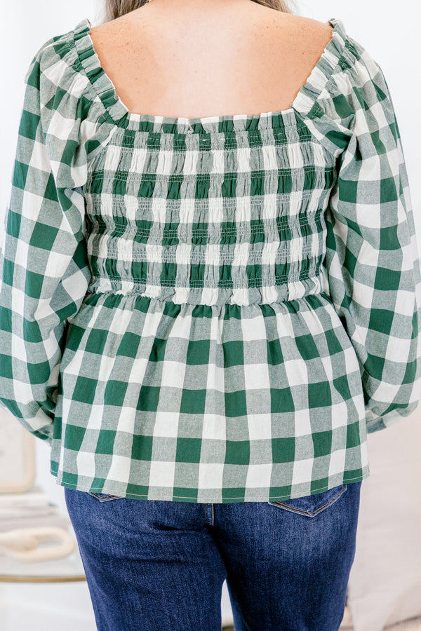 Chic Soul plus size clothing, green and white gingham long sleeve square next baby doll top with oversized green bow tied  in the front around waist