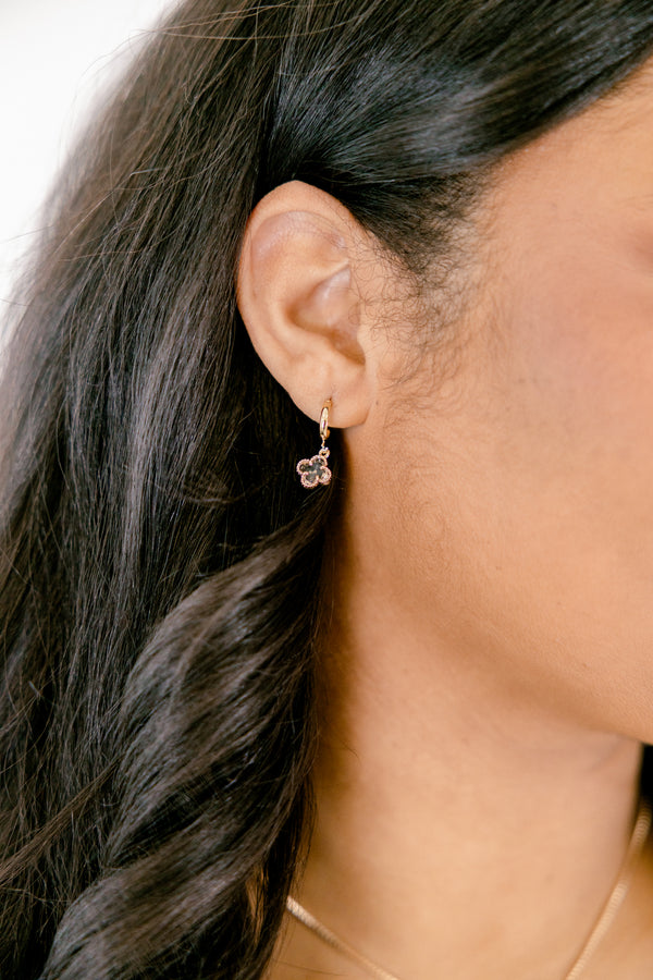 Chic Soul plus size clothing, gold earring with a clear clover stone dangle hanging from a small gold hoop