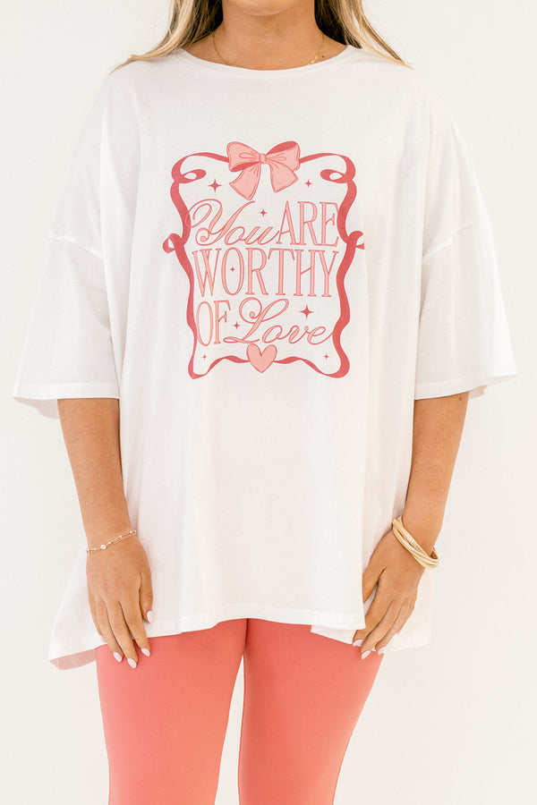 Chic Soul plus size clothing, white short sleeve boyfriend tee with pink print 