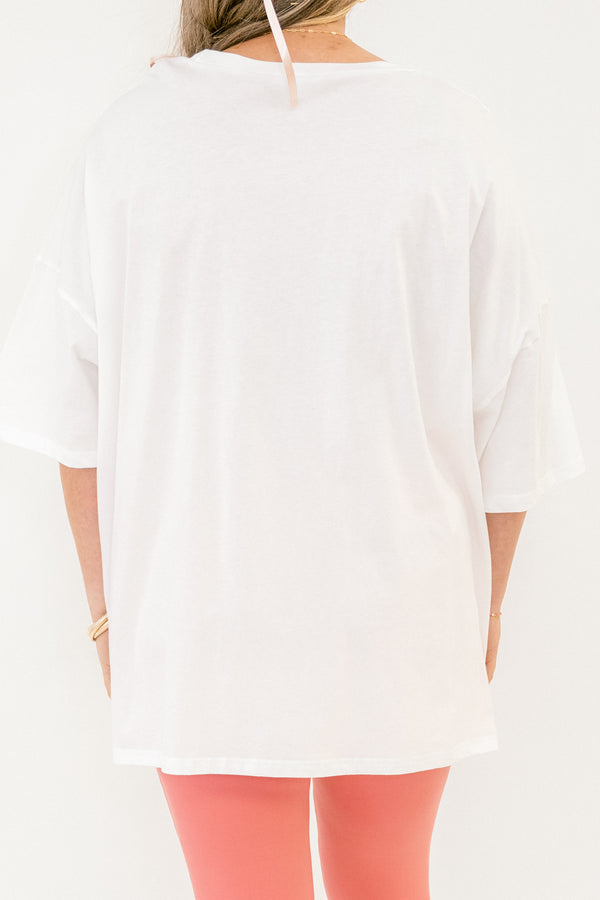 Chic Soul plus size clothing, white short sleeve boyfriend tee with pink print 