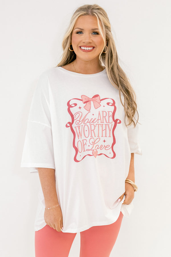 Chic Soul plus size clothing, white short sleeve boyfriend tee with pink print 