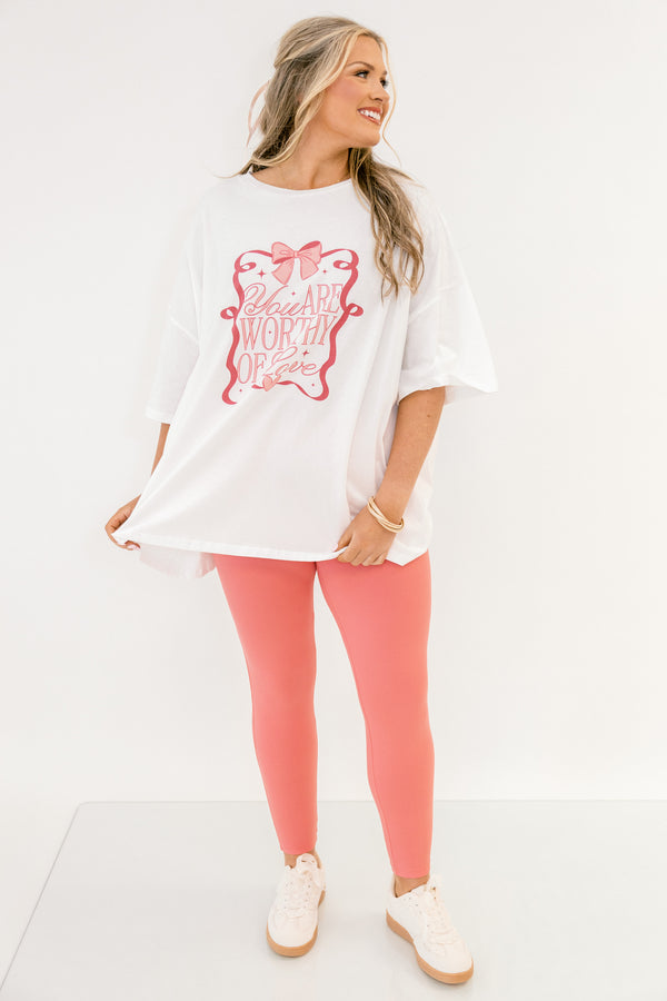 Chic Soul plus size clothing, white short sleeve boyfriend tee with pink print 