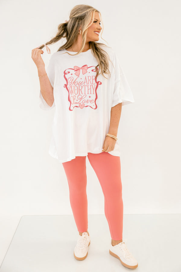 Chic Soul plus size clothing, white short sleeve boyfriend tee with pink print 