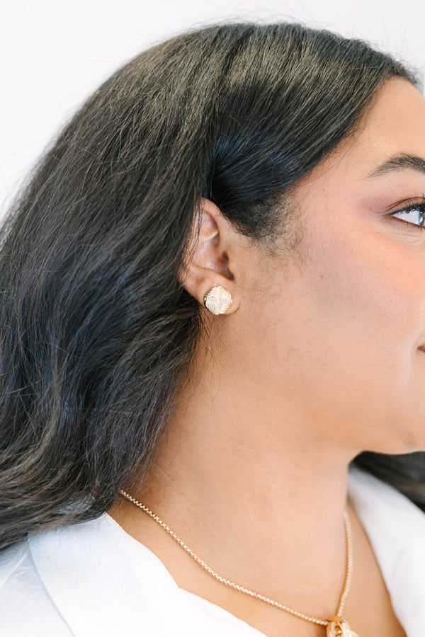 Plus Size gold stud earrings featuring a textured, woven knot design.