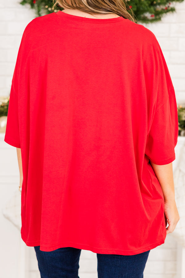 Chic Soul plus size clothing, red short sleeve boyfriend tee with round neckline with bow graphic with green plaid print