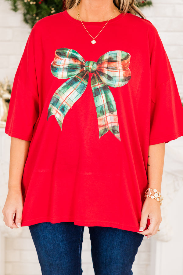 Chic Soul plus size clothing, red short sleeve boyfriend tee with round neckline with bow graphic with green plaid print