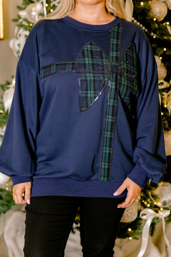 Chic Soul plus size clothing, navy blue long sleeve pullover with blue and green plaid bow wrapping the front