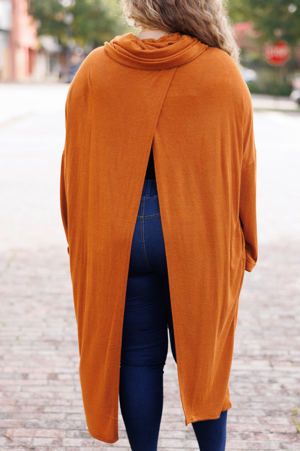 Chic Soul plus size clothing, rust crisscross hemline cardigan
