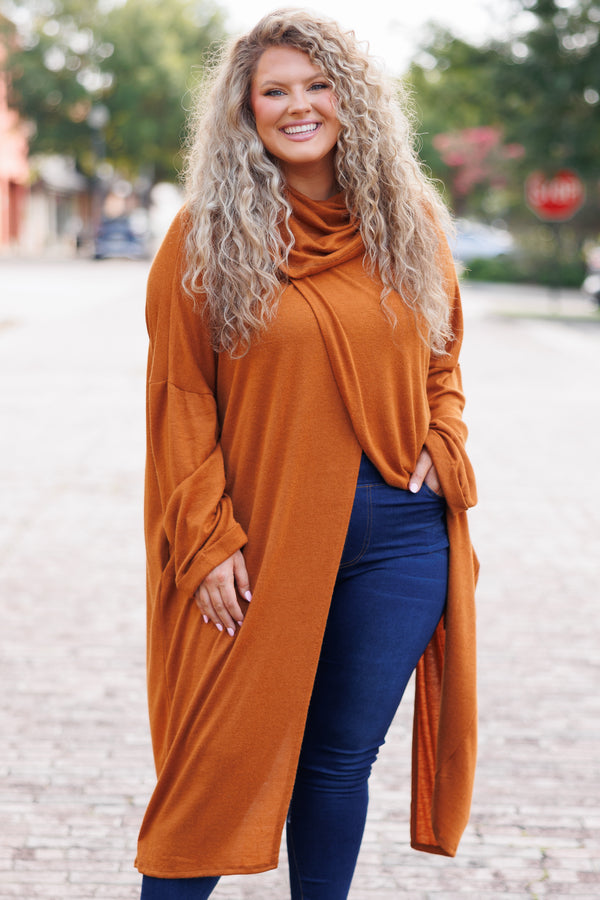 Chic Soul plus size clothing, rust crisscross hemline cardigan