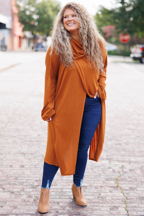 Chic Soul plus size clothing, rust crisscross hemline cardigan